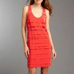 BCBGMAXAZRIA Silk Racerback CORAL PASSION BEADED TIERED DRESS BID6K238